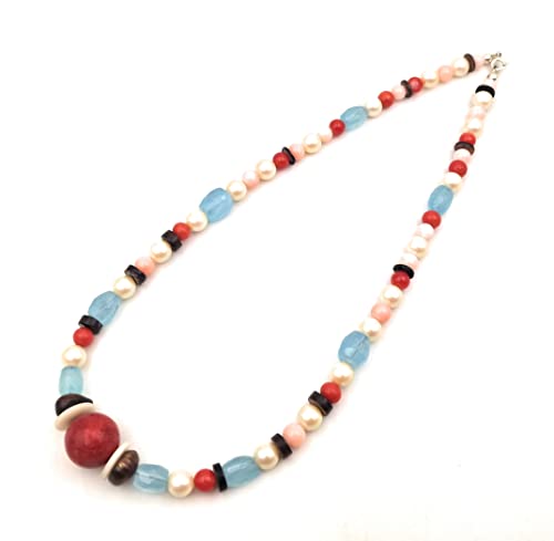 LeoLars-PABE 42cm Perlen und Aquamarin Kette, Mittelmeer Koralle, Süßwasserperlen, Rhodochrosit, Aquamarin, Muscheln, Unikat, Handarbeit