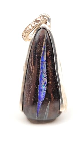 LeoLars-PABE Anhänger mit Boulder Opal aus 925er Silber, grün-blaue kräftige Opalader mit Feuer, Opal 22,9x11mm, Unikat, Handarbeit