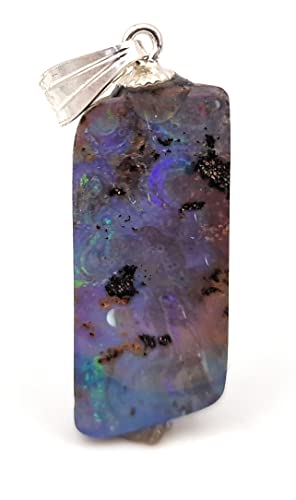 LeoLars-PABE Anhänger mit Boulder Opal und 925er Silber Stiftöse, lila-grünes Opalfeuer, Opal 22.2 x 10.2 x 5mm, Unikat, Handgeschliffen