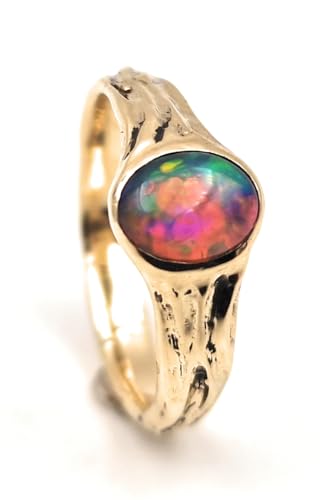 LeoLars-PABE Lightning Ridge Chrystal GEM Opal Design Ring, Gr. 58, aus 585er Gelbgold, Multicolor High End Opal, holzgemaserte Oberflächen Struktur, Unikat, Handarbeit