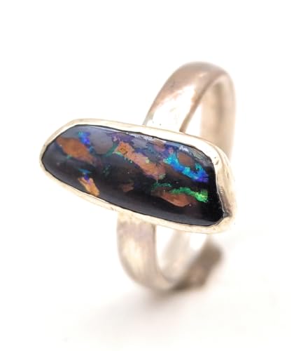 LeoLars-PABE Boulder Opal Ring, Gr.57-58, aus 925er Silber, Opal mit tollem Muster und grün-lila Opalfeuer, Opal 17,5x7mm, Unikat, Handarbeit