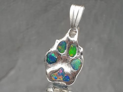 LeoLars-PABE Lightning Ridge Chrystal Opal Pfötchen Anhänger, 925er Silber, Pfote, Multicolor, Unikat, Handarbeit