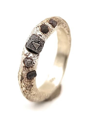 LeoLars-PABE Sandguss Design Ring, Gr. 61, aus 925er Silber mit 5 eingegossenen Rohdiamant Würfeln, rauh, wild, natürlich, Unikat, Handarbeit