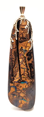 LeoLars-PABE Boulder Opal Design Anhänger mit 585er Tribal Gold Aufhängung, grün-blaues Opalfeuer, tolles Muster, beidseitig tragbar, Unikat, Handarbeit