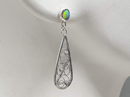 Lightning Ridge Opal Filigree Ohrhänger aus 925er Silber, Stecker, Traditionell und Modern, Unikat, Handarbeit
