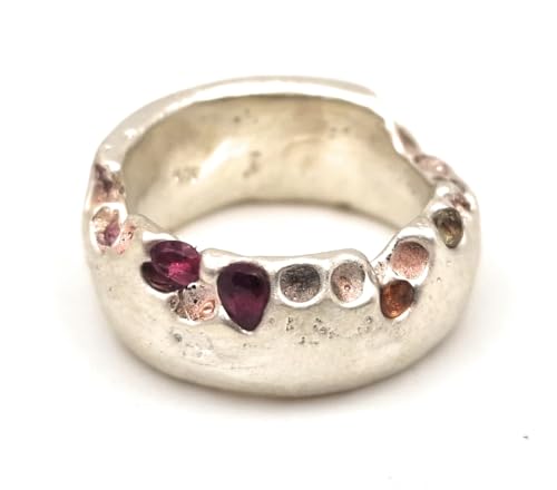 LeoLars-PABE Sandguss Design Ring, Gr.61, aus 925er Silber mit eingegossenen Rubin und Saphir, sehr massiv, Sandguss Oberfläche, Unikat, Handarbeit