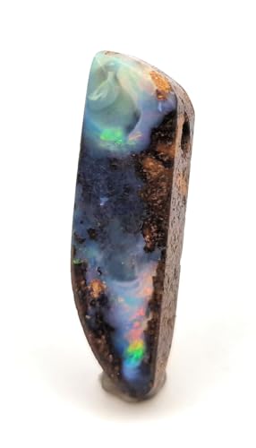 LeoLars-PABE Boulder Opal Anhänger mit 60 cm Lederband mit partiell regenbogenfarbenen Opalfeuer, Opal 28x8,5x6,8mm, Unikat, Handgeschliffen