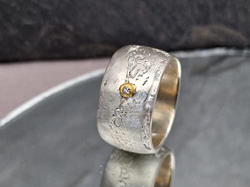 LeoLars-PABE Diamant Design Ring, Gr.59 (18.7), aus 925er Silber mit Feingold Fassung, Oberfläche Spitzen Stoff, Unikat, Handarbeit