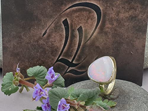 LeoLars-PABE Weißer Opal Ring, Gr58 (18,5) aus 585er Gold, Lightning Ridge, Multicolor, 4,54ct., gehämmert, Unikat, Handarbeit