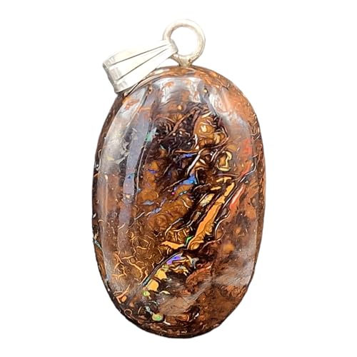 LeoLars-PABE Boulder Opal Anhänger mit 925er Silber Stiftöse, Opal 30 x 18,6 x 9,7mmmit schönem Muster und partellem Opalfeuer, Unikat, Handgeschlifffen