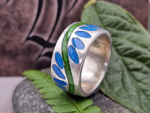 LeoLars-PABE Emaille Ring, Gr.61 (19.5), aus 925er Silber, grün-blau floral-blumig stilisiertes Muster, umlaufend, Unikat, Handarbeit
