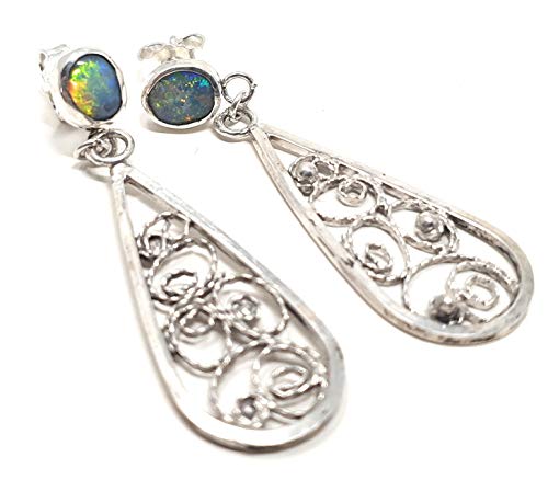 Lightning Ridge Opal Filigree Ohrhänger aus 925er Silber, Stecker, Traditionell und Modern, Unikat, Handarbeit