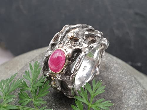 LeoLars-PABE Organic Design Rubin Ring, Gr.53-54, mit Brilliant aus 925er Silber mit Goldakzenten und Fassung, Unikat, Handarbeit