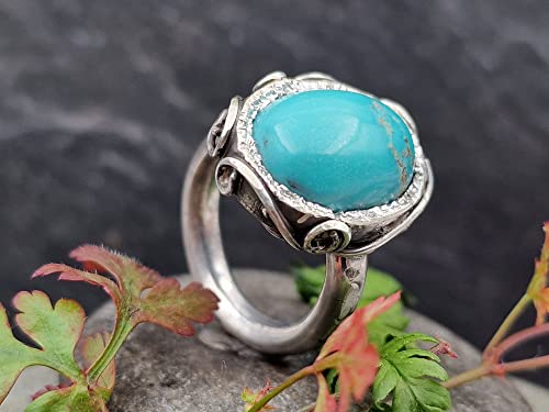 LeoLars-PABE Echter Türkis Design Ring, Gr. 59 (18.7), aus 925er Silber, verspielt, teilgeschwärzt, massiv, Unikat, Handarbeit