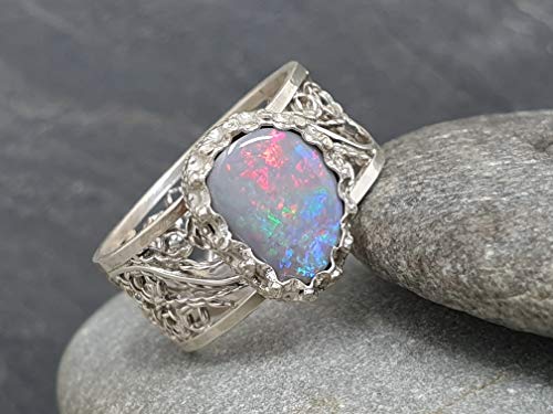 LeoLars-PABE Lightning Ridge Opal Filigree Ring aus 925er Silber, Gr.56, Filigran, Verspielt, Unikat, Handarbeit