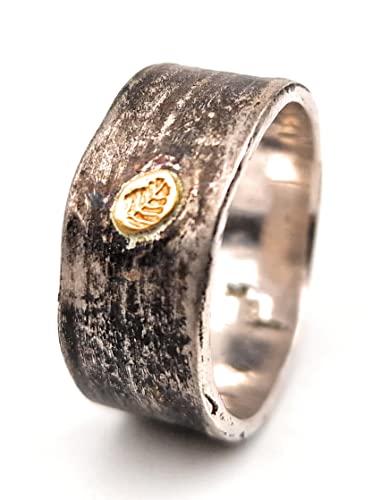 LeoLars-PABE Design Ring Bambus aus 925er Silber, Gr. 60, mit Feingoldblatt , aus echten Bambusblättern, teilgeschwärzt, Unikat, Handarbeit
