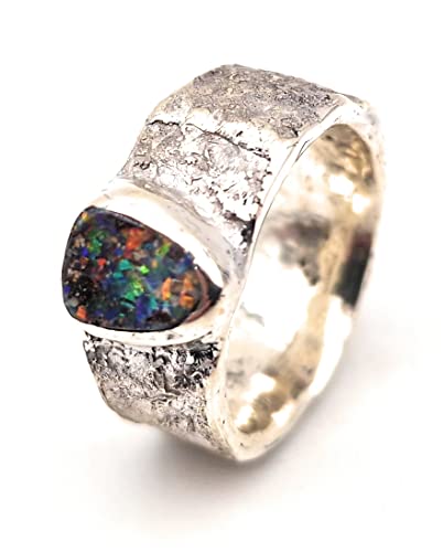 LeoLars-PABE Boulder Opal Design Ring, Gr.60, Structure Design Stone, Stein, aus 925er Silber, Multicolor Opal 8.3x8mm, Unikat, Handarbeit