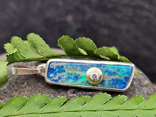 LeoLars-PABE Lightning Ridge Opal Design Anhänger aus 925er Silber mit Diamant in 585er Gold Fassung, Unikat, Handarbeit