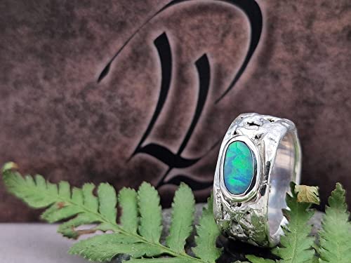 LeoLars-PABE Lightning Ridge Opal Design Ring, Gr.57 (18.2), aus 925er Silber, Oberfläche Spitzen Stoff, Multicolor, Unikat, Handarbeit