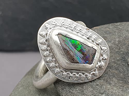 LeoLars-PABE Boulder Opal Design Ring aus 925er Silber, Gr. 56, Rahmen um die Fassung, Unikat, Handarbeit