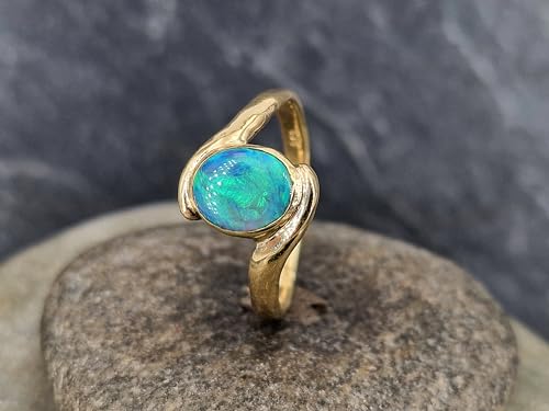 LeoLars-PABE Lightning Ridge Opal Design Ring, Gr. 65 (20,5), aus 585er Gelbgold, Opal brilliantes grünes Opalfeuer, Semi Chrystal, 9,3 x 7,5mm, Unikat, Handarbeit