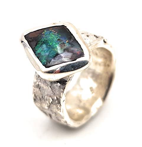 LeoLars-PABE Boulder Opal Design Ring, Gr.53-54, aus 925er Silber im Structure Design Stein, Opal mehrfarbig 18.3mm x 10.3mm, Unikat, Handarbeit