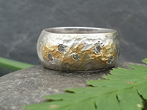 LeoLars-PABE Design Ring aus 925er Silber mit Feingoldeinlage und 5 Diamanten, Gr.55, Structure Design, Unikat, Handarbeit
