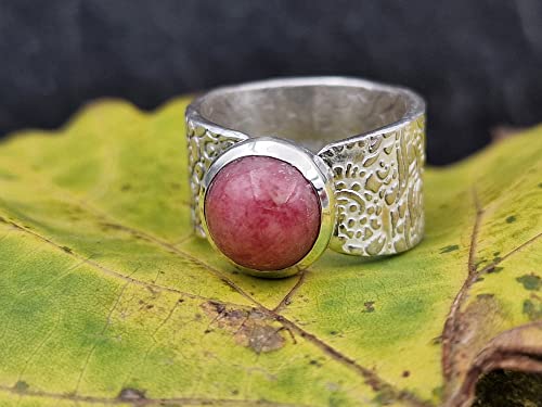 LeoLars-PABE Rhodochrosit Ring aus 925er Silber, Gr.57 (18,2), floral, blumig geprägte Ringschiene, Unikat, Handarbeit