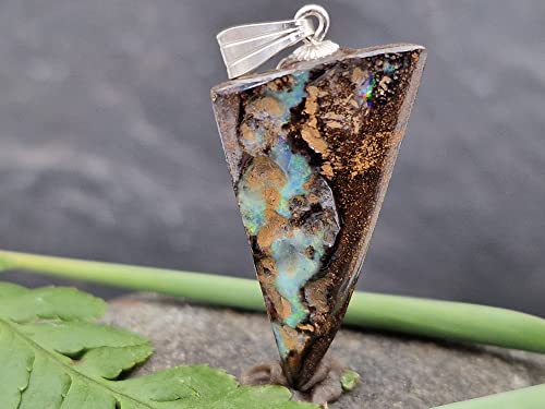 LeoLars-PABE Anhänger mit Boulder Opal und 925er Silber Stiftöse, partielles Feuer, Opal 25.6 x 17 x 5.6mm, Unikat, Handgeschliffen
