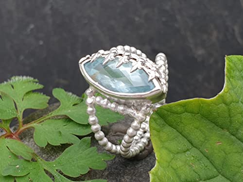 LeoLars-PABE Aquamarin Design Ring, Gr.58 (18,5), aus 925er Silber, Eisblume, Perldraht Ringschiene, Unikat, Handarbeit