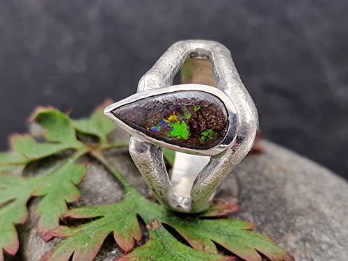 LeoLars-PABE Boulder Opal Design Ring, Gr.55 (17.5), aus 925er Silber, teil-eismattiert, Tropfen, Unikat, Handarbeit