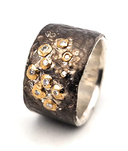LeoLars-PABE Diamant Design Ring The Moon, Gr.56 (18), aus 925er Silber mit Feingold Fassungen, Krater, geschwärzt, Unikat, Handarbeit