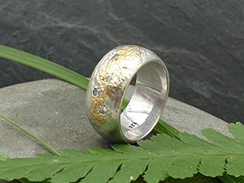 LeoLars-PABE Design Ring aus 925er Silber mit Feingoldeinlage und 5 Diamanten, Gr.55, Structure Design, Unikat, Handarbeit