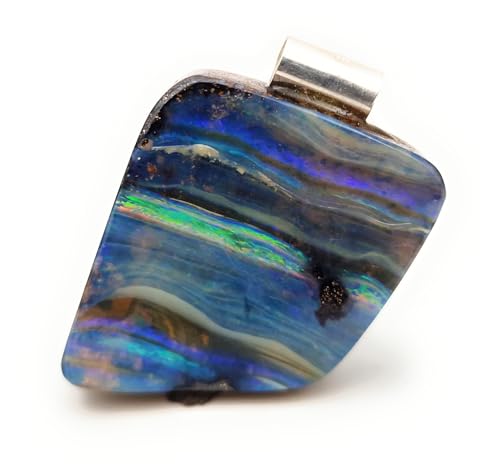 LeoLars-PABE Boulder Opal Anhänger mit 925er Silberrohr, Meeresfarben, mit Regenbogen Opalfeuer Streifen, Unikat, Handgeschliffen