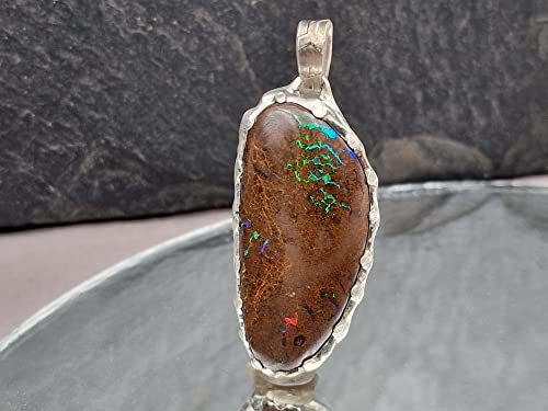 LeoLars-PABE Boulder Matrix Opal Design Anhänger aus 925er Silber, Mehrfarbig, Opal 32x15mm, Unikat, Handarbeit