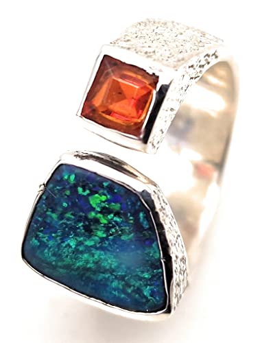 LeoLars-PABE Schwarzer Opal und Feueropal Design Ring, Gr.57-58, aus 925er Silber, oben offen, eismattiert, Unikat, Handarbeit