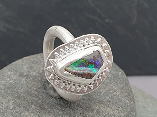 LeoLars-PABE Boulder Opal Design Ring aus 925er Silber, Gr. 56, Rahmen um die Fassung, Unikat, Handarbeit