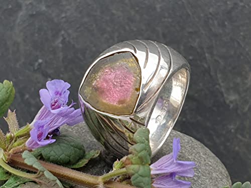 LeoLars-PABE Wassermelonen Turmalin Design Ring, Gr.58 (18.5), aus 925er Silber, Streifen, massiv, teilgeschwärzt, Unikat, Handarbeit