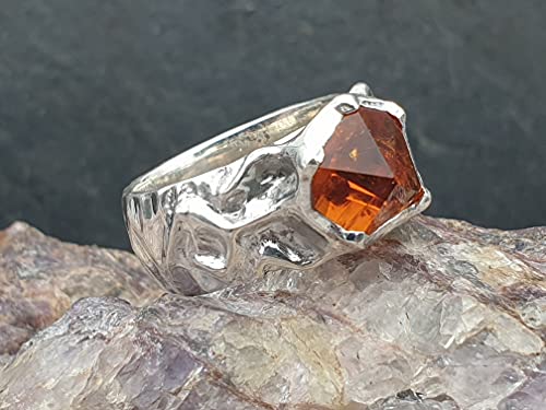 LeoLars-PABE Citrin Design Ring aus 925er Silber, Gr.58, Sonderschliff, Organisch, Hammerschlag, Unikat, Handarbeit