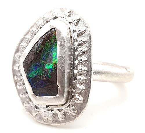 LeoLars-PABE Boulder Opal Design Ring aus 925er Silber, Gr. 56, Rahmen um die Fassung, Unikat, Handarbeit