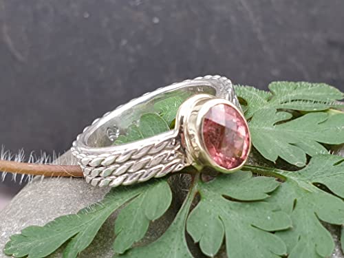 LeoLars-PABE Rosa Turmalin Design Ring, Gr.58 (18,7), aus 925er Silber mit 585er Gold Fassung, Bicolor Ring, Unikat, Handarbeit