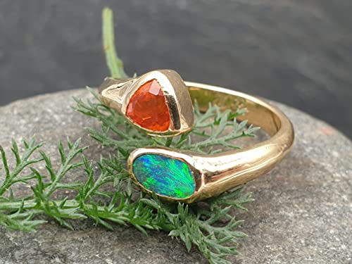 LeoLars-PABE Edler Boulder Opal und Feueropal Design Ring, Gr. 58, aus 750er Gelbgold, Fire and Water, Unikat, Handarbeit