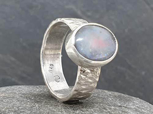 LeoLars-PABE Lightning Ridge Opal Ring aus 925er Silber, Gr.58, Struktur Ringschiene, Unikat, Handarbeit