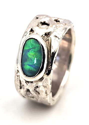 LeoLars-PABE Lightning Ridge Opal Design Ring, Gr.57 (18.2), aus 925er Silber, Oberfläche Spitzen Stoff, Multicolor, Unikat, Handarbeit