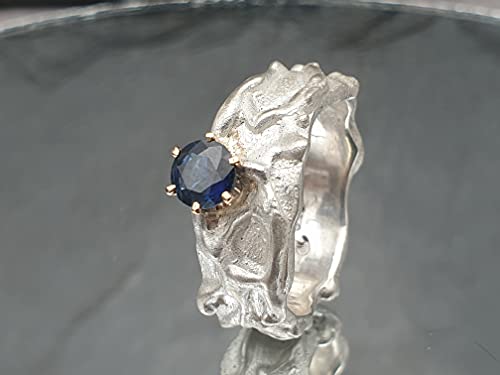 LeoLars-PABE Saphir Design Ring, 925er Silber, Gr.58, Organic Design, 585er Goldfassung, Unikat, Handarbeit