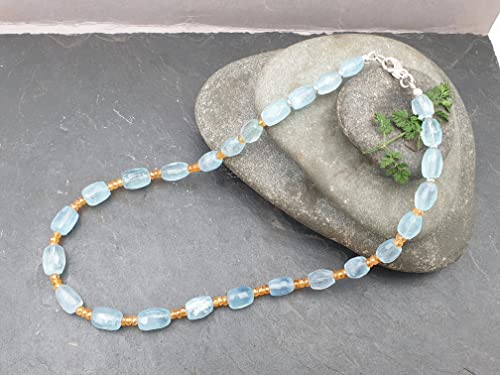 LeoLars-PABE Aquamarin und Mandaringranat Kette Feuer und Eis, 44cm lang, 925er Silber, Handarbeit