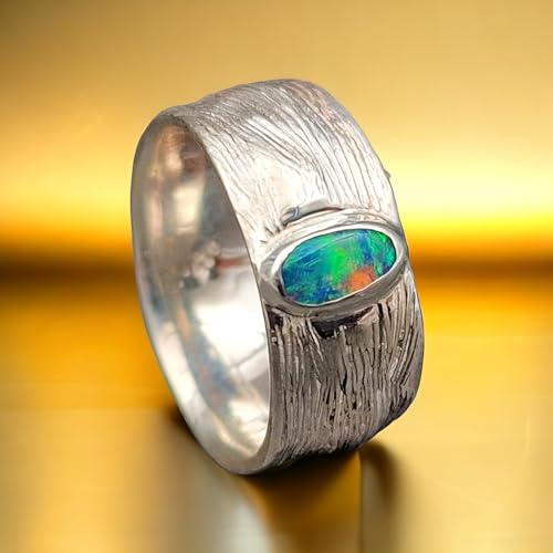 LeoLars-PABE Lightning Ridge Opal Design Ring, Gr.56 (17,8), aus 925er Silber mit Blatt Struktur, Opal Multicolor Opalfeuer 6,7 x 3,6mm, Unikat, Handarbeit