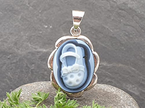 LeoLars-PABE Achat Gemme Babyschuh Anhänger aus 925er Silber, blumiger Rahmen, Anhänger 26.7x19x4.2mm