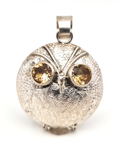 LeoLars-PABE Anhänger Erdbeereule Heiderose aus 925er Silber mit Citrinen als Augen, Anhänger 28mm, Unikat, Handarbeit