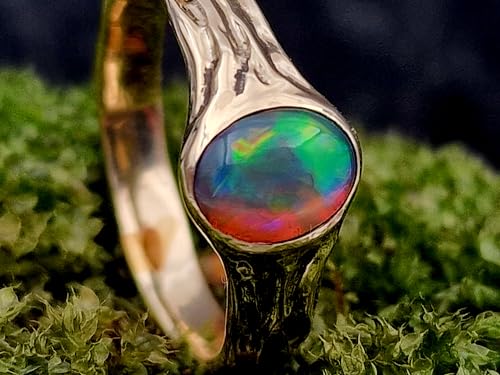 LeoLars-PABE Lightning Ridge Chrystal GEM Opal Design Ring, Gr. 58, aus 585er Gelbgold, Multicolor High End Opal, holzgemaserte Oberflächen Struktur, Unikat, Handarbeit